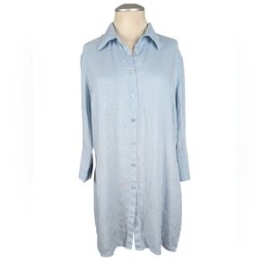 Alice Blue Sky-Hued Long Boho 100% Linen Tunic Button Down Shirt 3/4 Sleeves